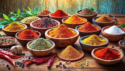 Fototapeta premium Spices and herbs. Colorful spices on wooden table