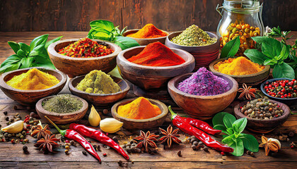 Fototapeta premium Spices and herbs. Colorful spices on wooden table