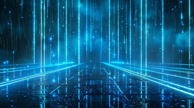 This is a 3D render of a sci-fi scene with a futuristic city tech surface and vertical neon blue data flux lights.