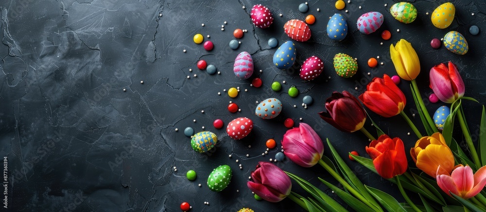 Wall mural Black stone serves as the backdrop for a festive Easter scene with multicolored eggs candies and a vibrant bouquet of tulips perfect for a copy space image