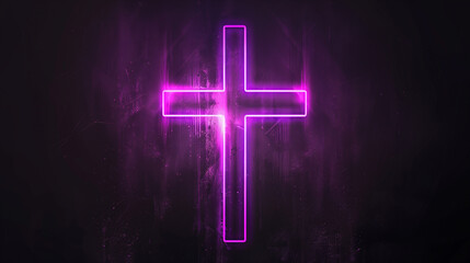 Obraz premium A neon cross is lit up in a dark room. The light is purple and the cross is illuminated