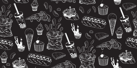 Seamless pattern with fast food. Drawn on chalkboard sketch style chips bag, bubble tea, hot dog, pizza, sauce. Engraved desserts, cupcake, ice cream. Hand drawn street food on black background