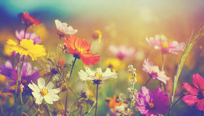 Wild flowers of clover and butterfly in a meadow in nature in the rays of sunlight in summer in the spring close-up of a macro. A picturesque colorful artistic image with a soft focus