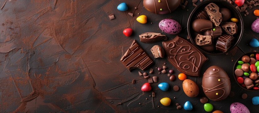 Background with a menu concept showcasing chocolate egg and candy Easter decorations viewed from the top with copy space image