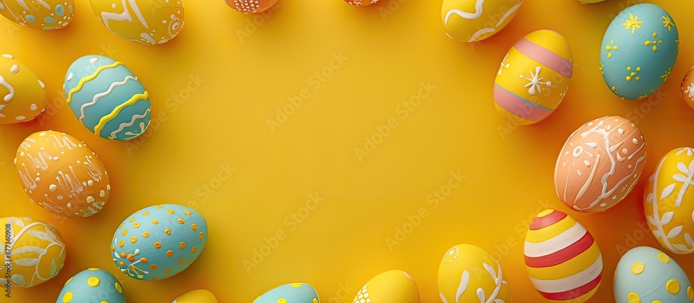 Poster Circular yellow background with painted Easter eggs viewed from the top forming a frame with copy space image