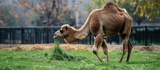 A two humped camel eating grass in a zoo corral seen in the side profile with a copy space image available