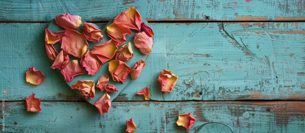 Sticker Flat lay composition featuring a heart made of dried rose petals on a weathered turquoise wooden surface with a designated copy space image for added appeal