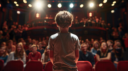 Cute little boy on stage ready for performance back view. Audience looking at the child in theatre
