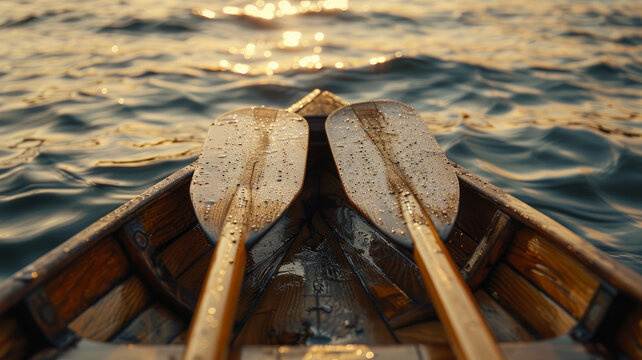 Close-up of wooden oars in a boat on a calm lake at sunset