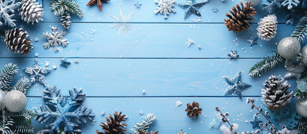 Canvas Prints Copy space image with Christmas themed border decoration on a light blue wooden backdrop featuring blue and silver stars snowflakes and snow covered cones in a flat lay composition