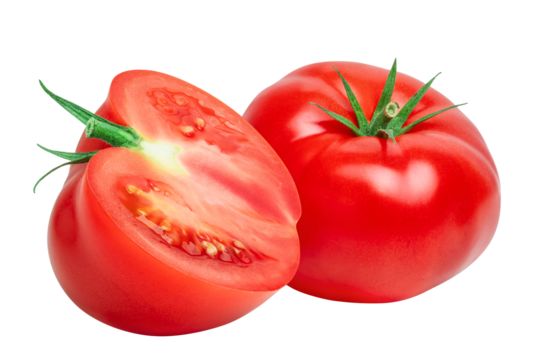 Tomato vegetables isolated on white or transparent background. One whole tomato and cut half