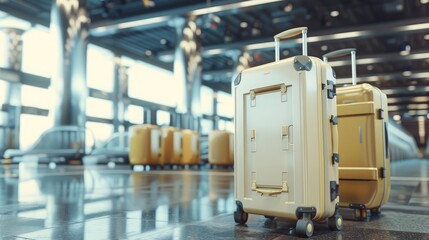 Suitcases in airport. Travel concept. 3d rendering