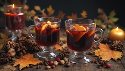 Warm mulled wine with autumnal accents and candlelight