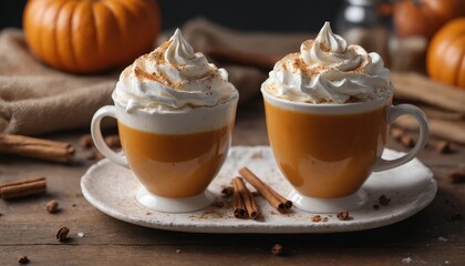 A cozy cup of pumpkin spice latte with whipped cream and cinnamon sticks