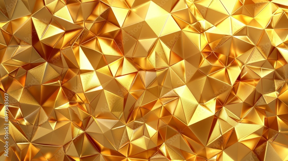 Poster rendering of an abstract gold surface with a futuristic background with lines and a low poly triangl