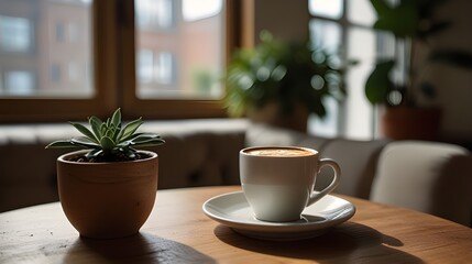 Fototapeta premium Cozy Coffee Moment: Cup on Wooden Table with Couch and Potted Plant, home lifestyle, interior design, comfortable living, modern apartment, domestic relaxation