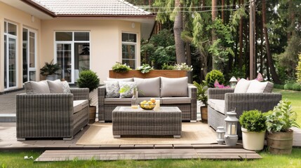 Modern patio set with white cushions and black frames on stone patio in front of large window. Includes sofa, 2 armchairs, coffee table, vase of purple flowers, and small plant