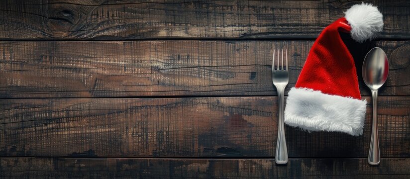 A Christmas themed paper card featuring a red and white Santa Claus hat fork and spoon on a dark rustic wood table background with ample copy space in a horizontal flat lay image