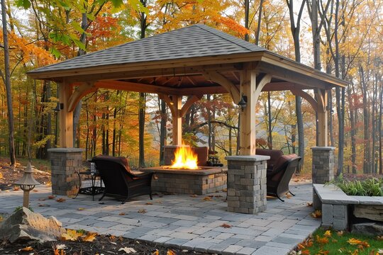 Relaxing outdoor living space with a cozy fireplace burning brightly under a wooden pergola during the autumn season