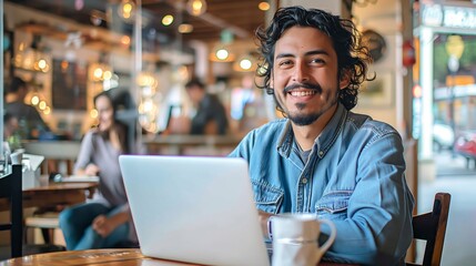 Fototapeta premium A happy man is sitting in an open coffee shop, holding his laptop on the table while sipping from a white mug.