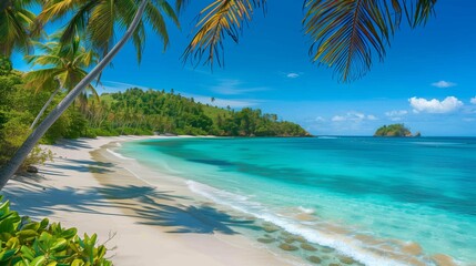 A serene tropical beach with crystal clear turquoise waters and white sand