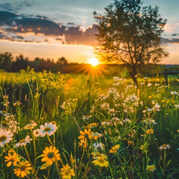 Summer meadow with forbs and flowers. Radiant Sun above the horizon. Chamomile, calendula, cosmos, daisies, field peas. Blooming herbs. Summer spicy air. The best concept for hot summer days.
