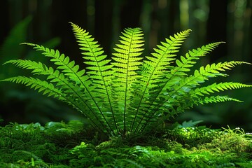 Sunlight illuminates delicate fern fronds in a lush green forest