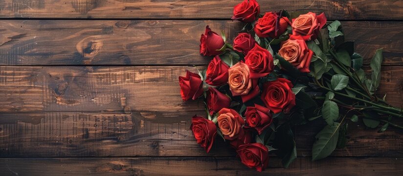 Displaying a fresh bouquet of roses on a wooden surface with available copy space image