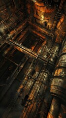 A top-down view of industrial pipes and structures in an abandoned factory