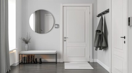 Minimalist modern entrance hall with a white door, gray wooden floor and black metal accessories