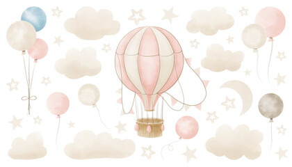 Watercolor hot Air Balloon with garlands, clouds and stars. Hand drawn Baby illustration of vintage aircraft in pastel pink end beige colors. Cute drawing for newborn shower or kid birthday. © Alisles