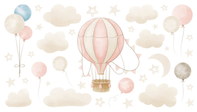 Watercolor hot Air Balloon with garlands, clouds and stars. Hand drawn Baby illustration of vintage aircraft in pastel pink end beige colors. Cute drawing for newborn shower or kid birthday.