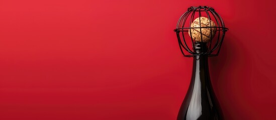 Champagne bottle cork and wire cage isolated on a red backdrop with ample space for text or images on the side