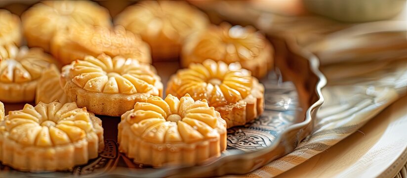 Selective focus on a popular Malaysian cookie the Pineapple Tart or Tart Nenas often enjoyed during Eid Mubarak Hari Raya with copy space image