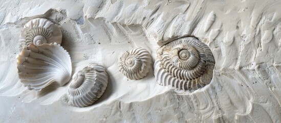 Three small fossils showcased on a white sandy background with ample space for additional elements or text in the image