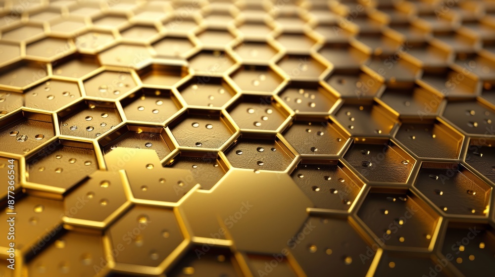 Poster the surface is a polygonal mosaic with a random golden hexagon as the background. an abstract geomet