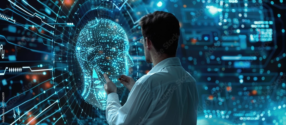 Poster professional examining real-time data on multiple screens during night shift in high-tech environmen