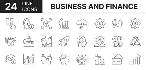 Collection of 24 business and finance line icons featuring editable strokes. These outline icons depict various modes of business and finance, check, bill, folder, euro, arrow, balance, auction,