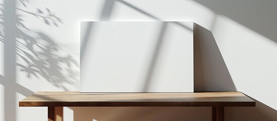 Horizontal blank canvas on a wooden table against a white wall with shadows suitable for adding content in the copy space image