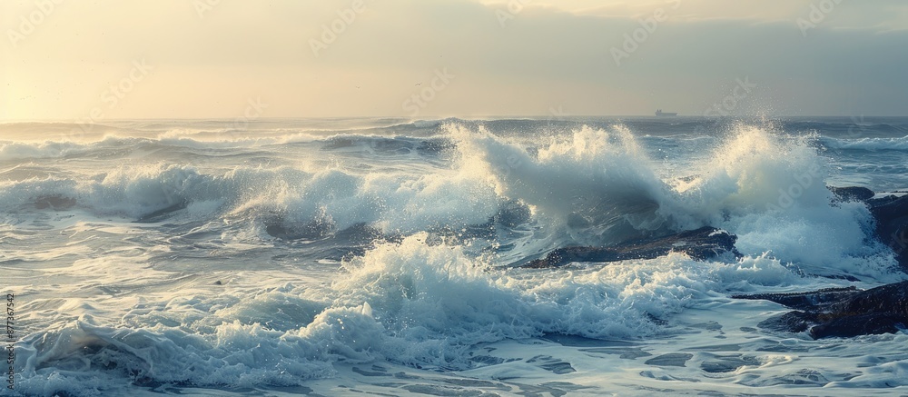 Poster Ocean waves breaking against the rugged shore with a copy space image