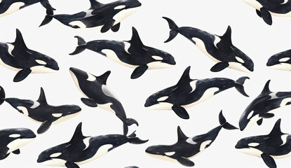 Photo of A pattern with symmetrical orcas on white background,