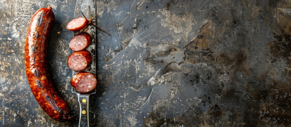 Poster A sausage on a knife against a stone backdrop ideal for adding text with a copy space image