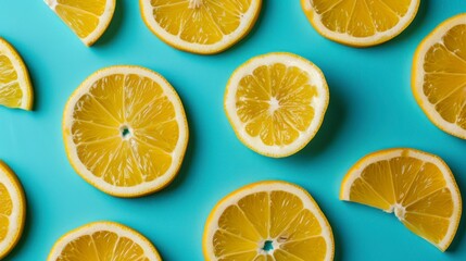Fototapeta premium Slices of lemons arranged on a blue surface