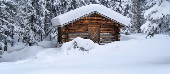 Snow covers the roof walls and door of a log cabin creating a serene winter scene with an abundance of copy space image