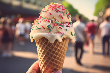 Close-up of a melting ice cream cone with vibrant sprinkles and a blurred background of people enjoying outdoor activities