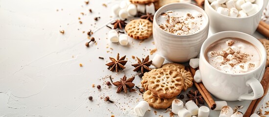 Warm up this wintery season with a cozy hot chocolate or cocoa with marshmallows cookies and spices beautifully displayed on a white backdrop in a copy space image