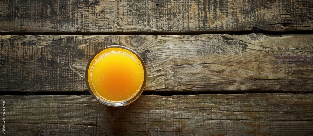 Sticker An aerial view of a glass of orange juice on a wooden table prepared for a fruit product display or composition with space for text or images. Copy space image. Place for adding text and design