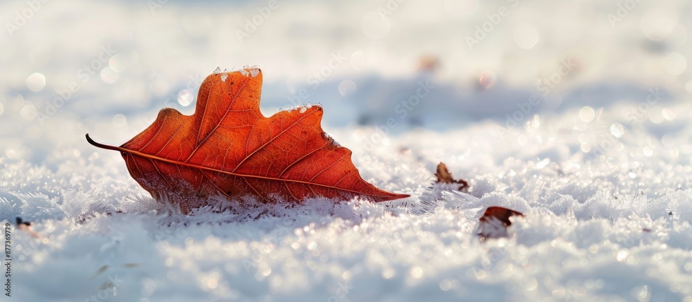 Wall mural a dry autumn leaf rests on the snowy ground creating a serene scene with copy space image