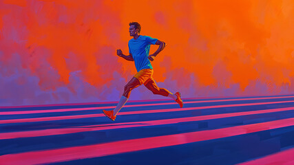 painting illustration of a man in running sportswear, creative color of orange, pink and blue gives a surrealist appearance to the image, jogging background 