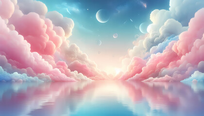 Pink and light blue clouds and water background. IA generativa.